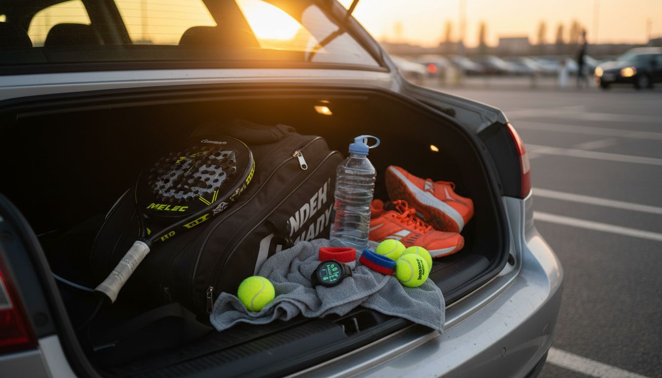 Padel equipment, heart-rate watch and water prepared for a match