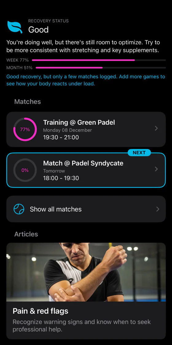 Pantalla principal de Padel Recovery en iPhone